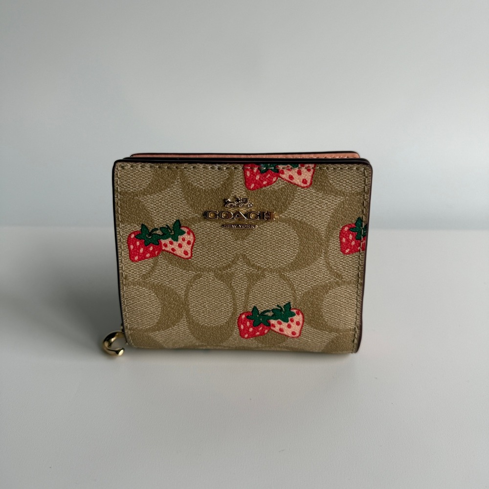 Coach Snap Wallet Wild Strawberry Khaki Multi Signature Canvas C8605